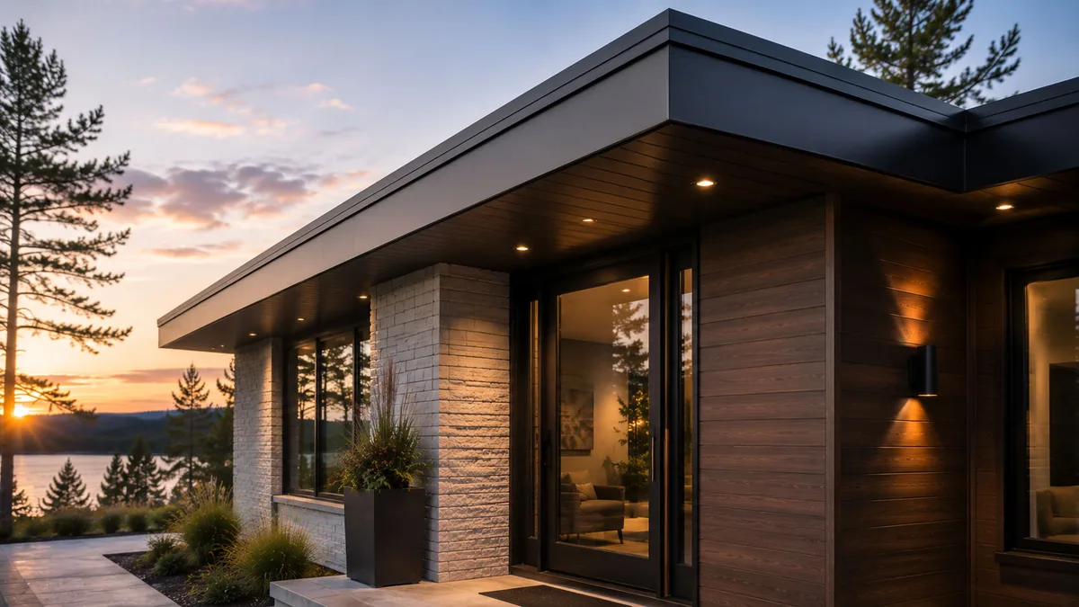 Maison moderne avec soffite et fascia foncés